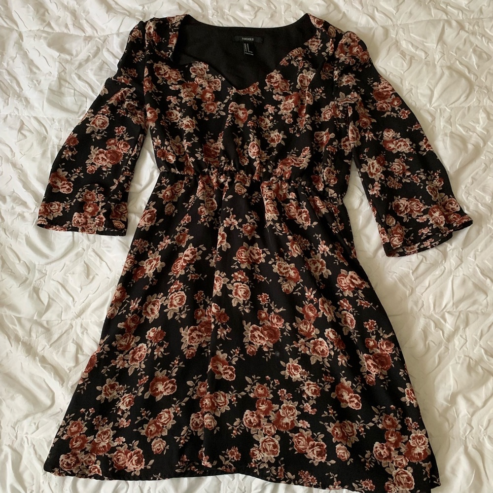 Medium Sleeve Black Floral Dress